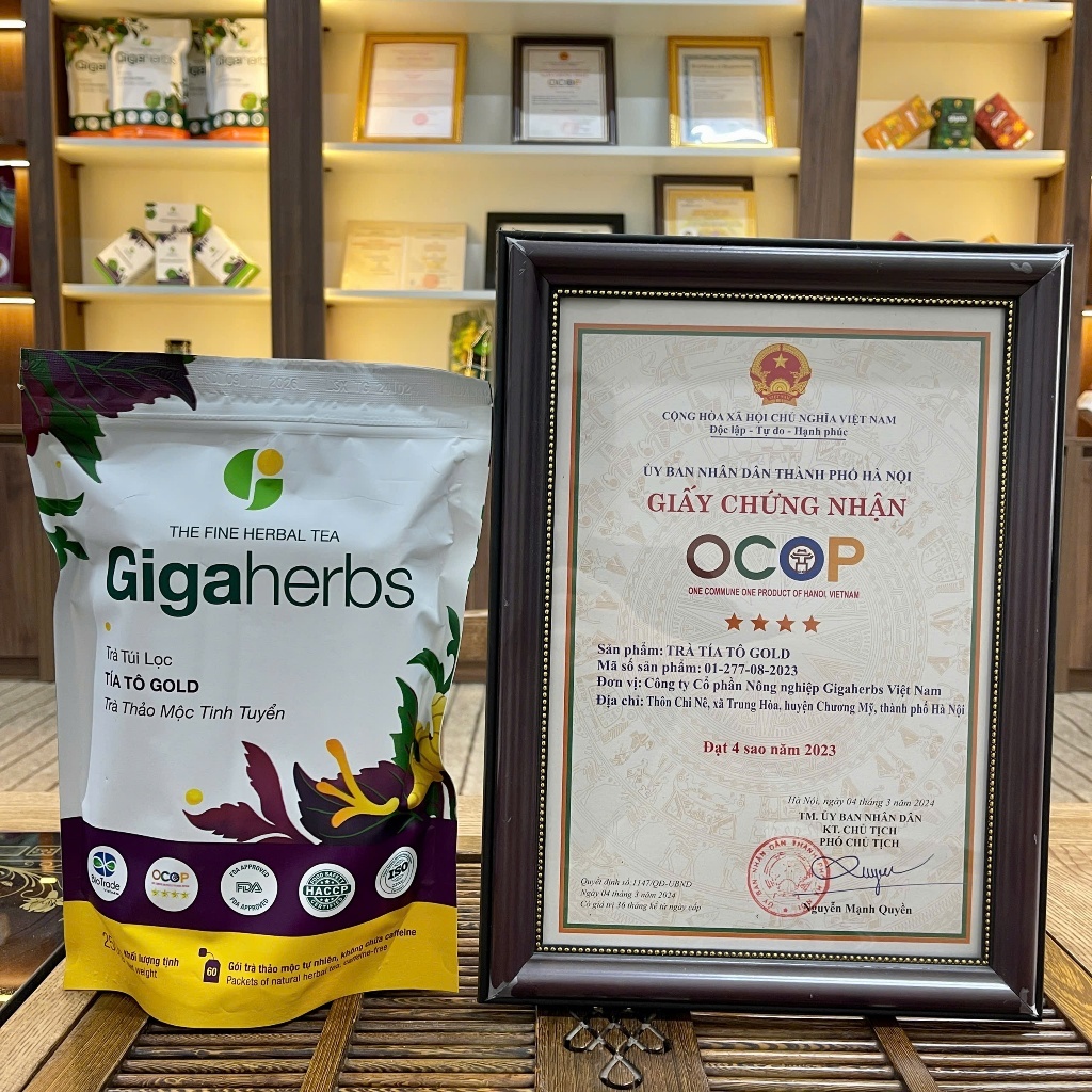 Trà túi lọc tía tô Gold Gigaherbs hỗ trợ gút, làm đẹp da - túi 250g (60 gói)