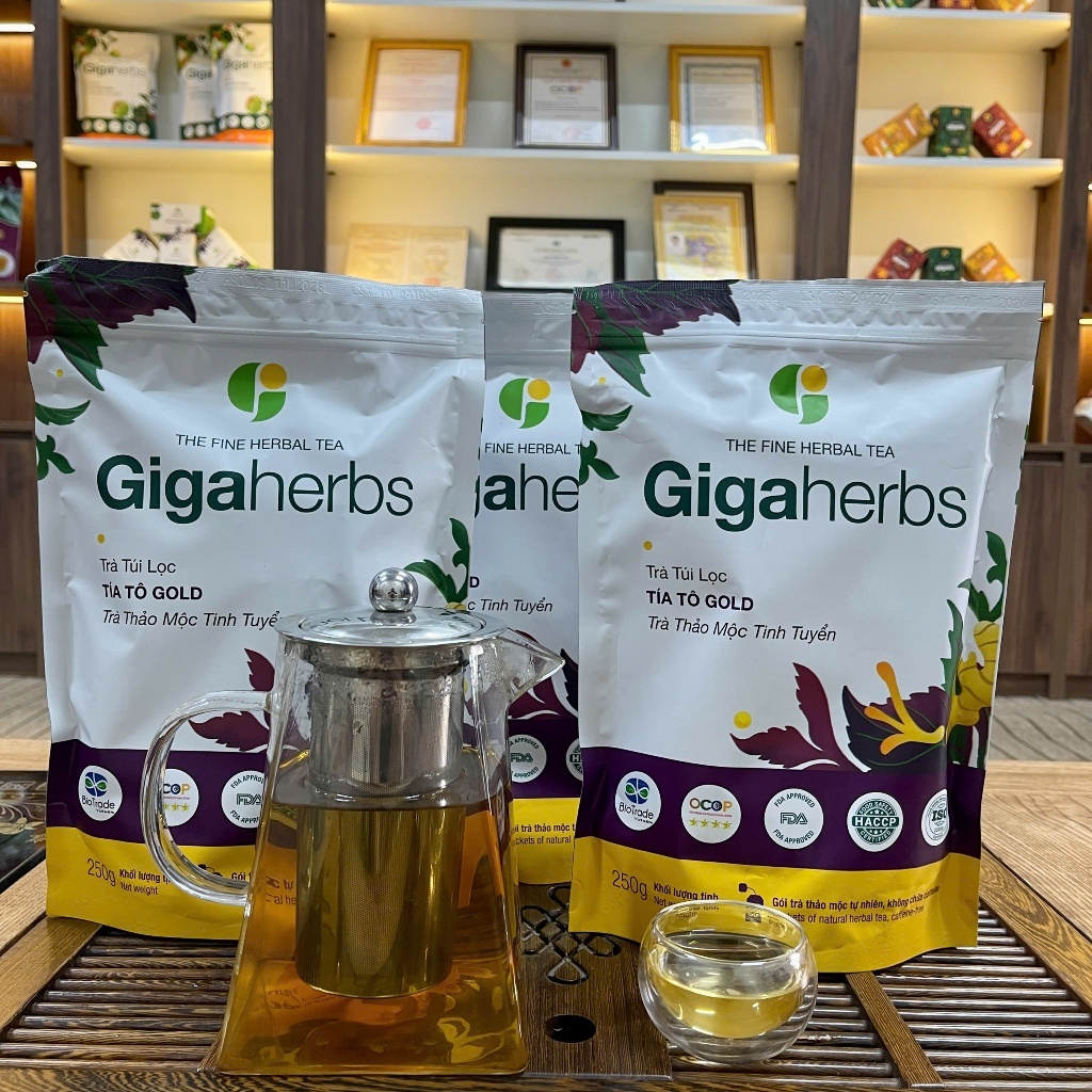 Trà túi lọc tía tô Gold Gigaherbs hỗ trợ gút, làm đẹp da - túi 250g (60 gói)