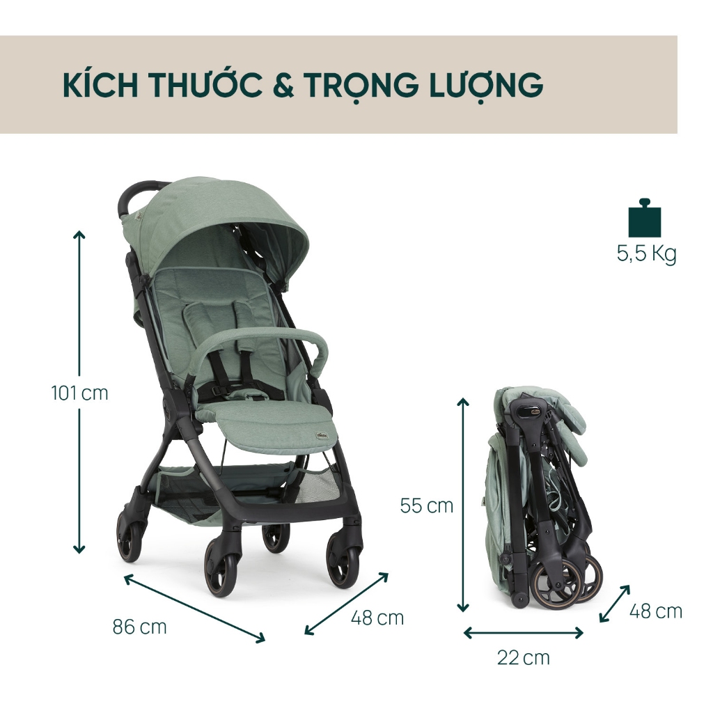 Xe đẩy du lịch Chicco Aero We - Màu ghi yến mạch/ Màu xanh matcha
