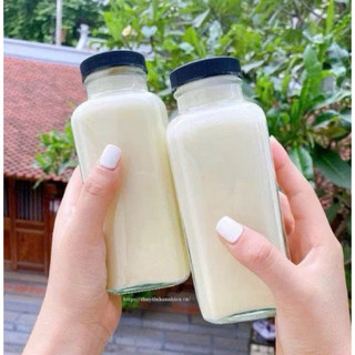 Chai thuỷ tinh vuông lùn cao 300ml và 350ml chất liệu dày dặn đựng nước ép, sinh tố decor xinh xắn