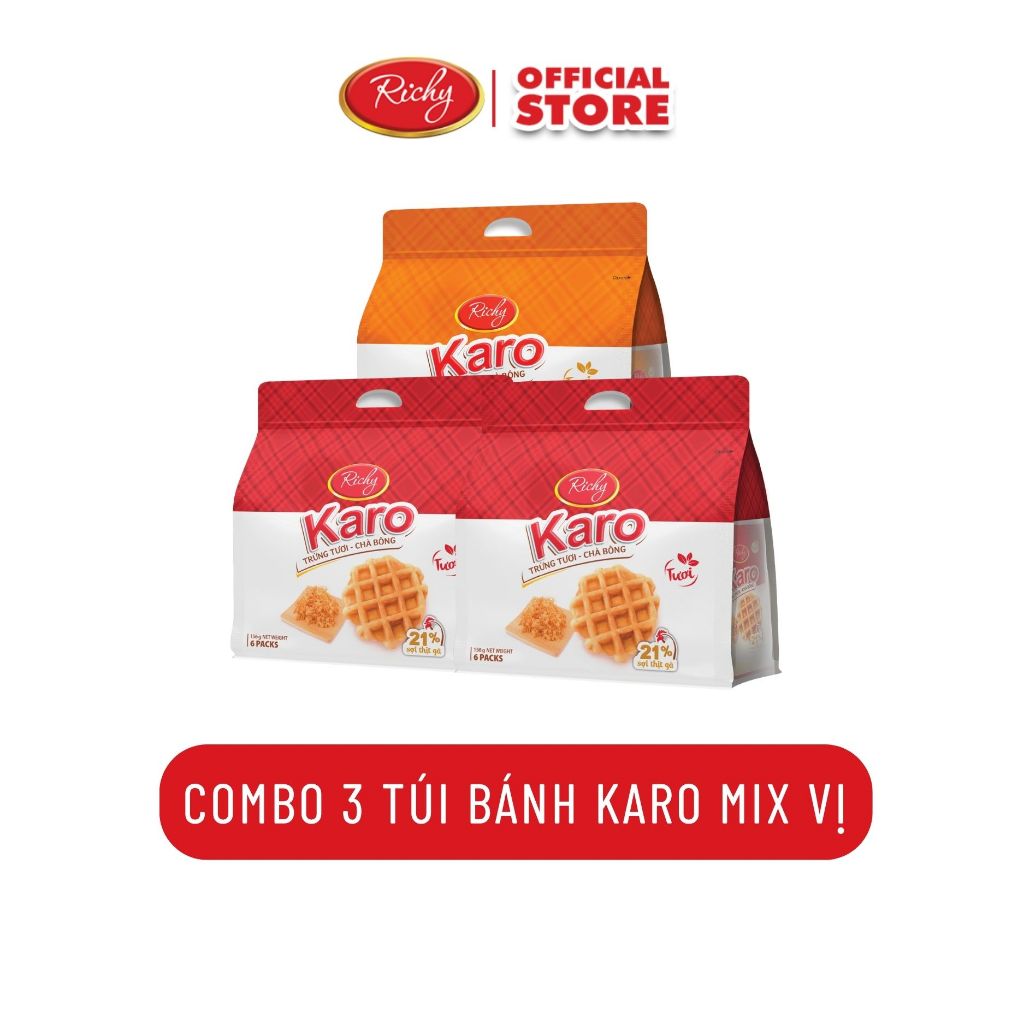 [Tặng quà đơn từ 129k]Combo 3 bịch Karo Sữa, Vị nguyên bản, Karo chà bông sợi gà, Karo phô mai hoàng kim, HSD 45-90 ng