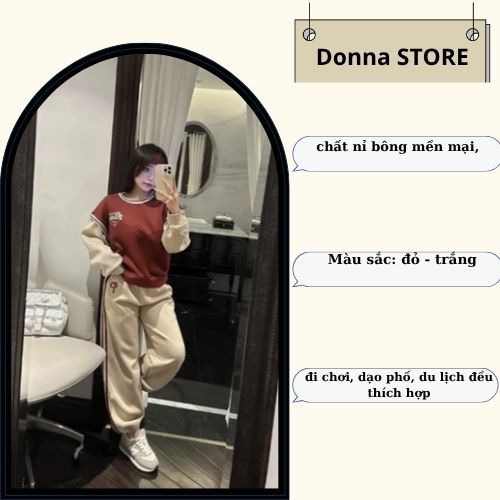 Set đồ nữ, đồ bộ nữ DONNA HCOM3715 thu đông chất nỉ bông phối viền kẻ sọc trẻ trung