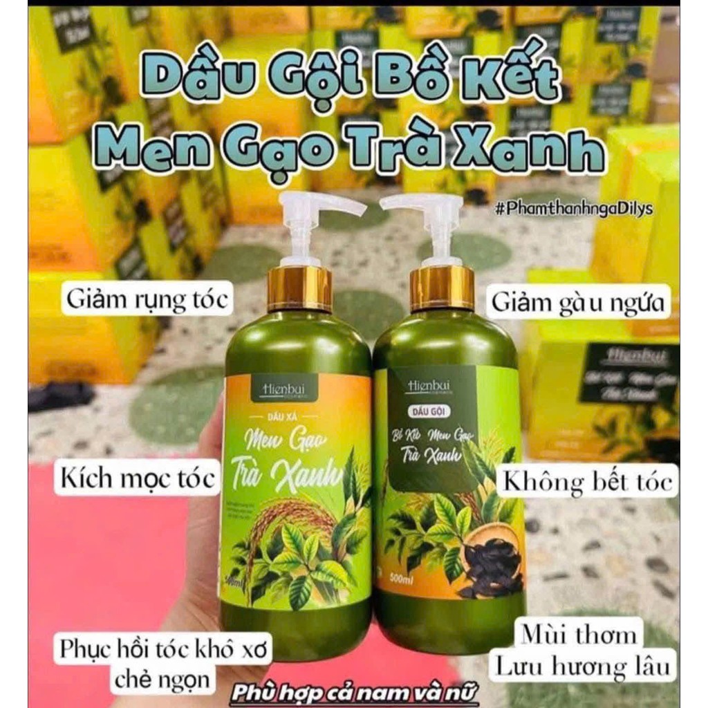 Dầu Gội - Xả Bồ Kết Men Gạo Trà Xanh HIỀN BÙI 500ml, Giúp Mái Tóc Suôn Mượt, Không Lo Gãy Rụng