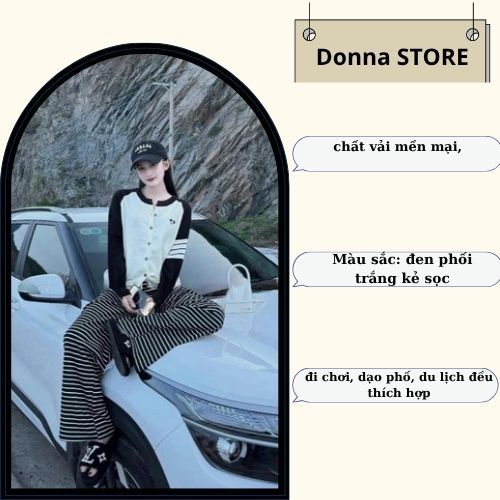 Set đồ nữ, đồ bộ nữ DONNA HCOM3358 áo mickey phối đen trắng mix quần kẻ siêu xinh