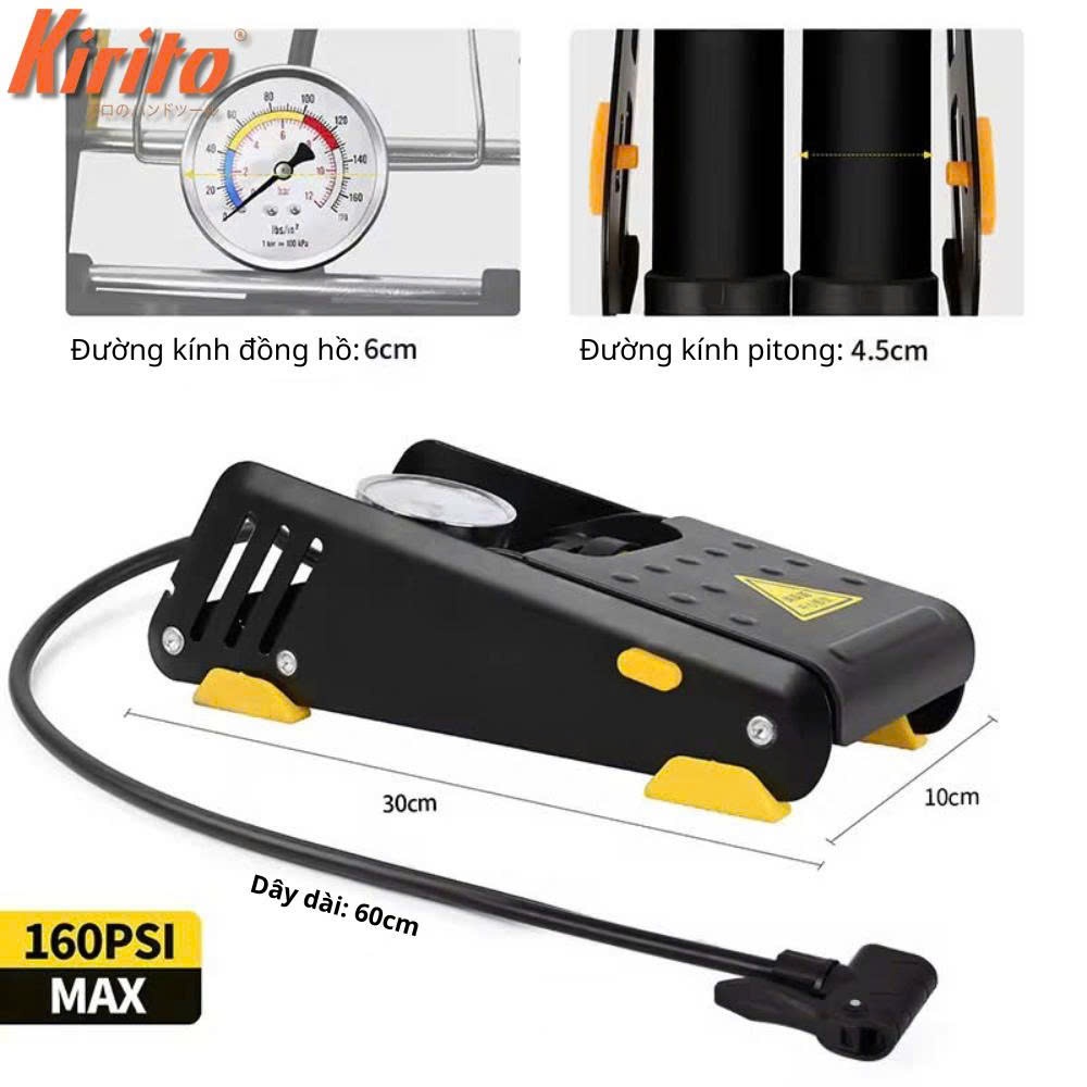 Bơm Đạp Chân Kirito 2 Piston 4512S – Áp Lực Mạnh 160PSI – Gấp Gọn, Dùng Cho Xe, Bóng, Đồ Bơm Hơi