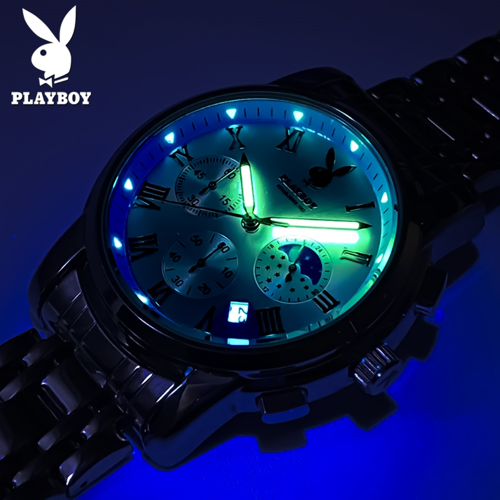 PLAYBOY Đồng hồ Nam Chính hãng dây đeo bằng thép không gỉ Lịch Đa chức năng Quà Chống nước 3026