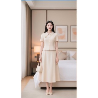 VT250626 - Set Bộ Nữ Công Sở Cao Cấp Màu Be, Áo Cổ Peter Pan Kết Hợp Chân Váy Midi Xòe Thanh Lịch