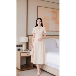 VT250626 - Set Bộ Nữ Công Sở Cao Cấp Màu Be, Áo Cổ Peter Pan Kết Hợp Chân Váy Midi Xòe Thanh Lịch