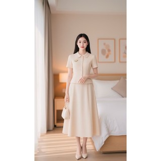 VT250626 - Set Bộ Nữ Công Sở Cao Cấp Màu Be, Áo Cổ Peter Pan Kết Hợp Chân Váy Midi Xòe Thanh Lịch