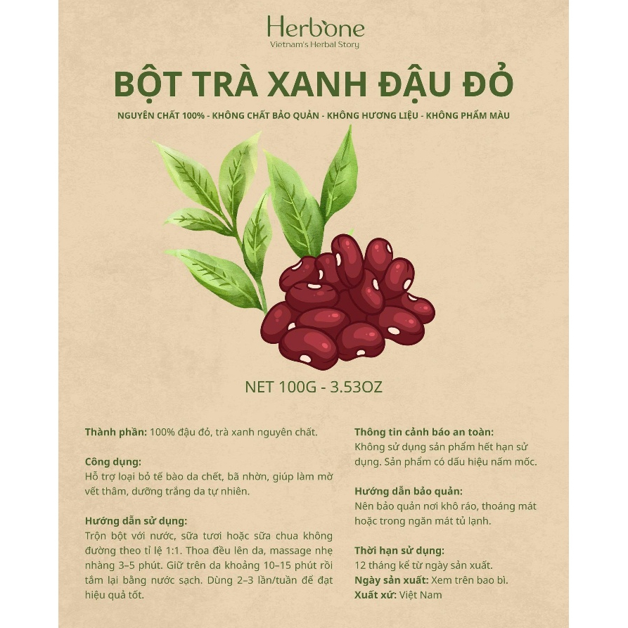 Bột Trà Xanh Matcha Đậu Đỏ HERBONE Dưỡng Da Sáng Mịn, Tẩy Da Chết, Ngăn Ngừa Lão Hóa Body & Mặt 100g - 500g