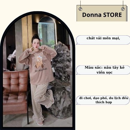 Set đồ nữ, đồ bộ nữ DONNA HCOM3599 thu đông áo gấu nơ mix quần kẻ viền bèo dáng suông