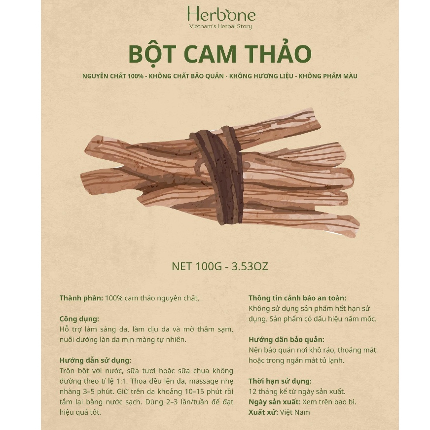 Bột Cam Thảo Nguyên Chất HERBONE Dưỡng Trắng Da Mặt & Body 100g / 500g