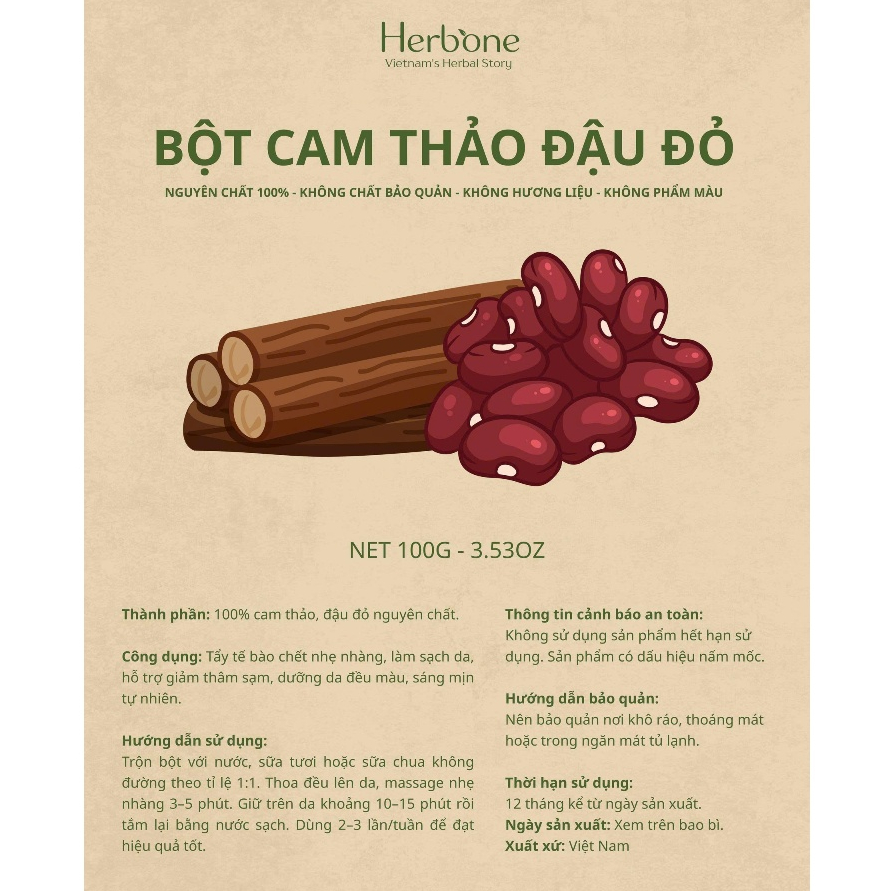 Bột Cam Thảo Đậu Đỏ HERBONE Làm Sạch Da Chết, Hỗ Trợ Dưỡng Da Sáng Mịn Body & Mặt 100g - 500g