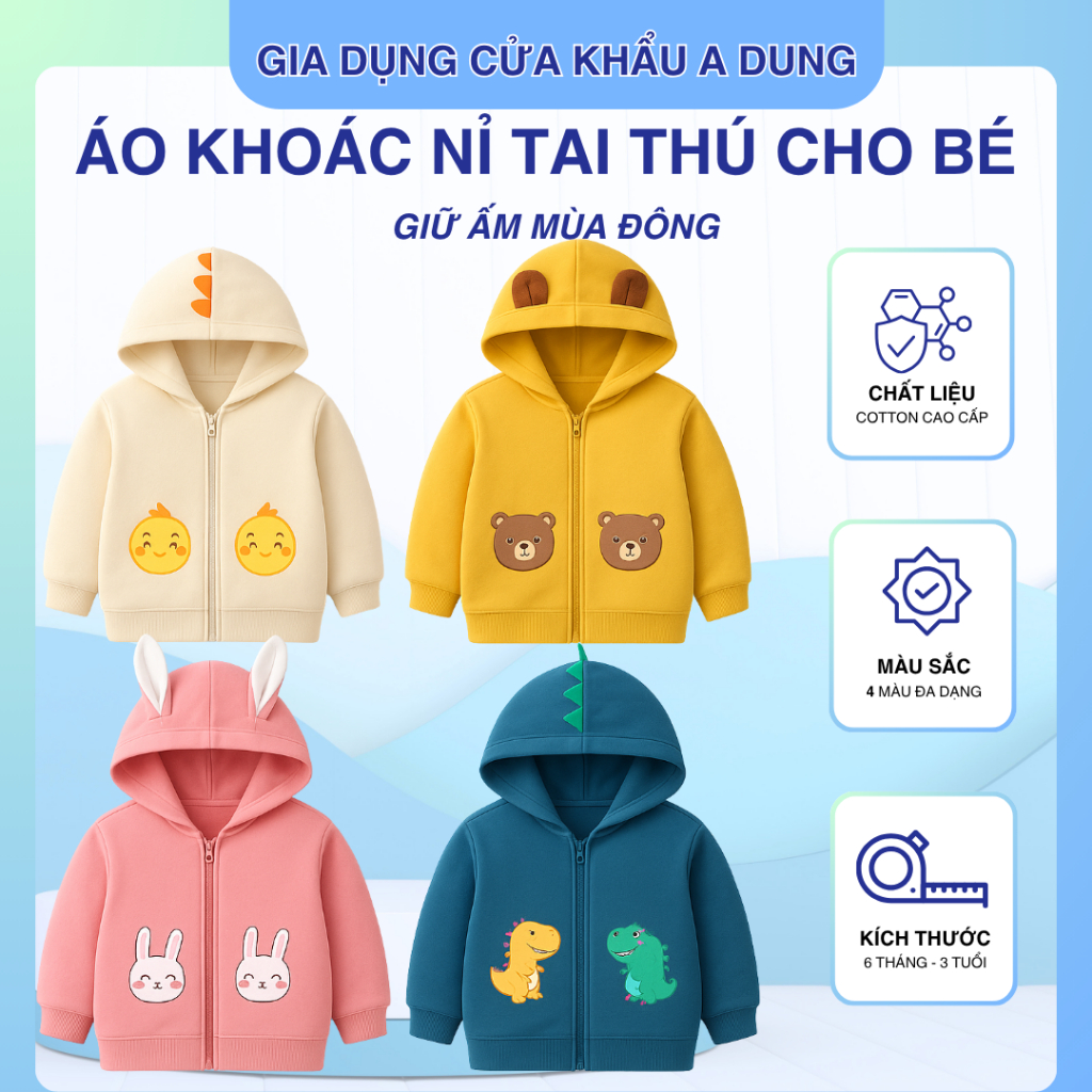 [XẢ KHO] Áo Khoác Nỉ Khóa Kéo Cho Bé Họa Tiết Tai Thỏ Khủng Long Dễ Thương Giữ Ấm Mùa Đông Quà Giáng Sinh Cho Bé