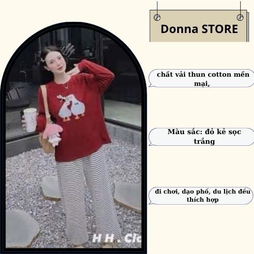 Set đồ nữ DONNA HCOM3506 chất nỉ in hoạ tiết dễ thương mix quần suông kẻ ngang, đồ bộ nữ đáng yêu