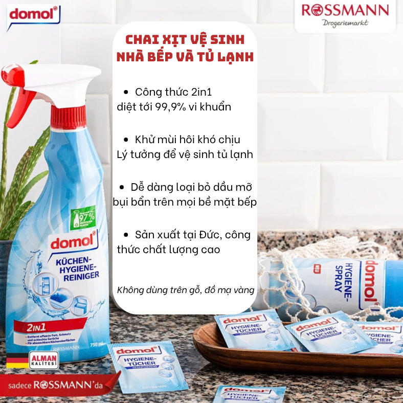 Chai Xịt Diệt Khuẩn Vệ Sinh Tủ Lạnh Nhà Bếp Dầu Mỡ Domol Kuchen Hygienereiniger 750ml Nhập Khẩu Đức