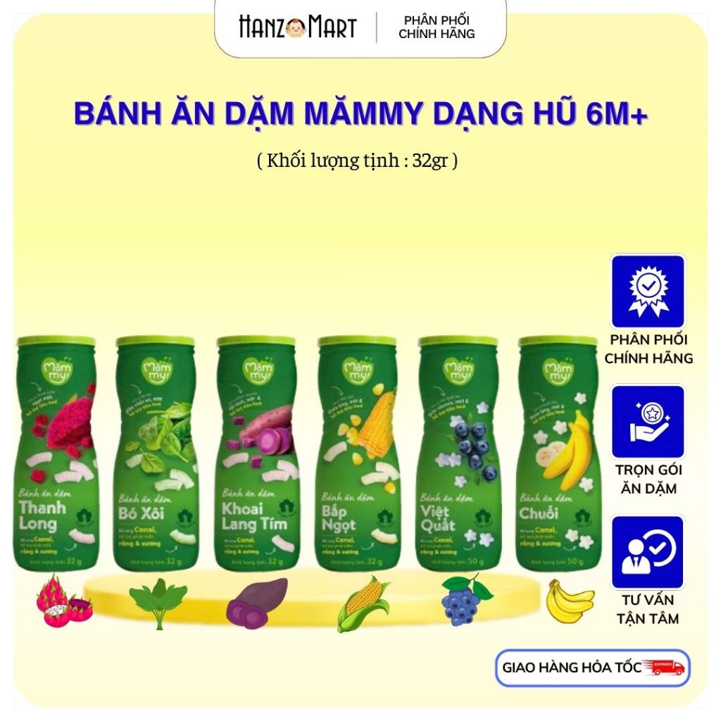 Bánh ăn dặm hũ Mămmy vị trái cây và rau củ giúp hỗ trợ tiêu hoá cho bé 6 tháng tuổi