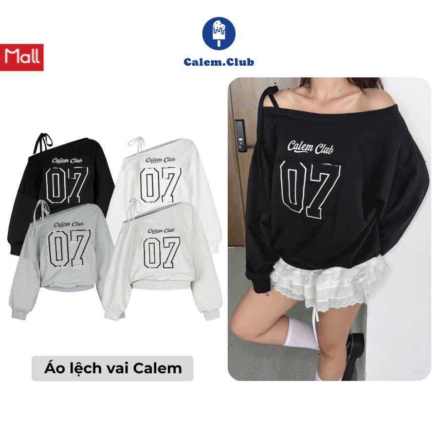 Áo sweater lệch vai Calem Club 07 Shoulder Bow vải nỉ chân cua không xù lông áo sweater nữ form rộng áo trễ vai thu đông