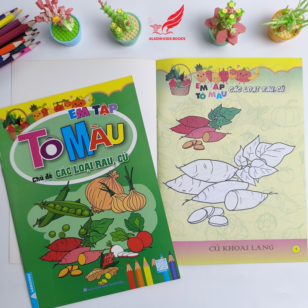 Sách- Bộ 4 Quyển Em Tập Tô Màu Chủ Đề Trái Cây – Rau Củ – Hoa – Đồ Dùng Gia Đình
