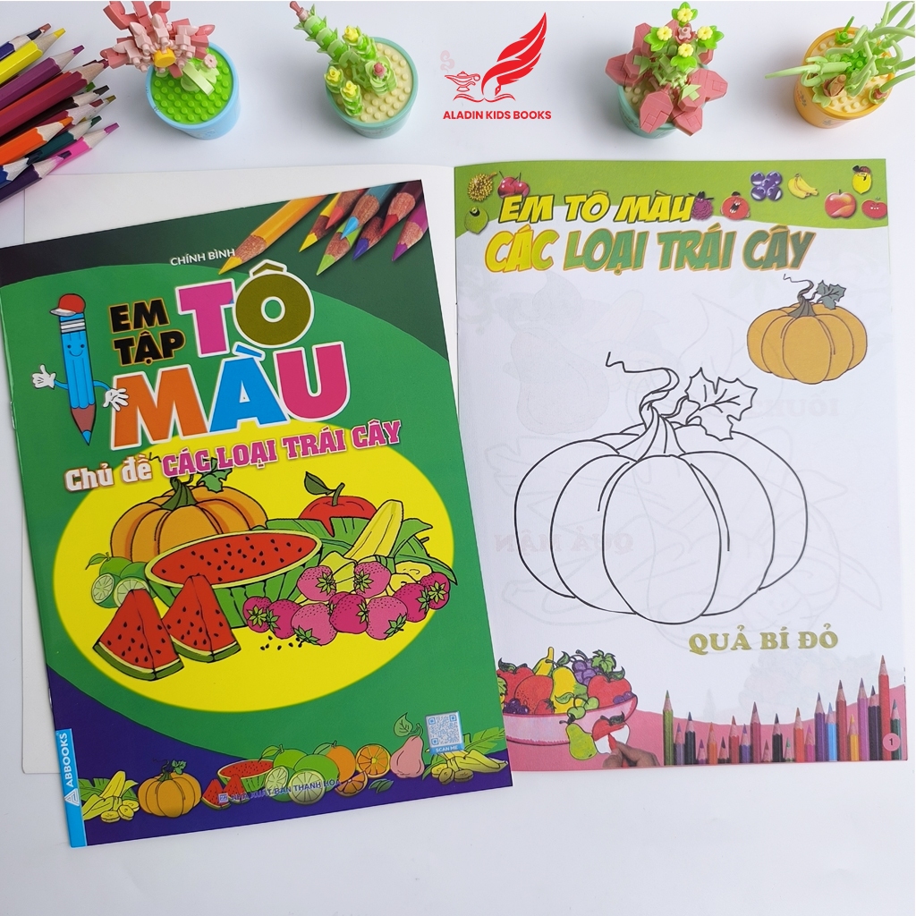 Sách- Bộ 4 Quyển Em Tập Tô Màu Chủ Đề Trái Cây – Rau Củ – Hoa – Đồ Dùng Gia Đình