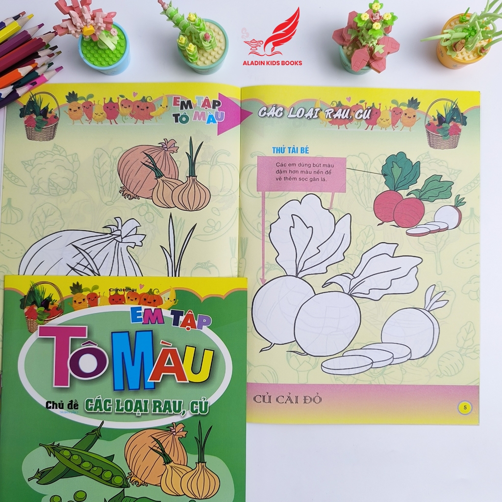 Sách- Bộ 4 Quyển Em Tập Tô Màu Chủ Đề Trái Cây – Rau Củ – Hoa – Đồ Dùng Gia Đình