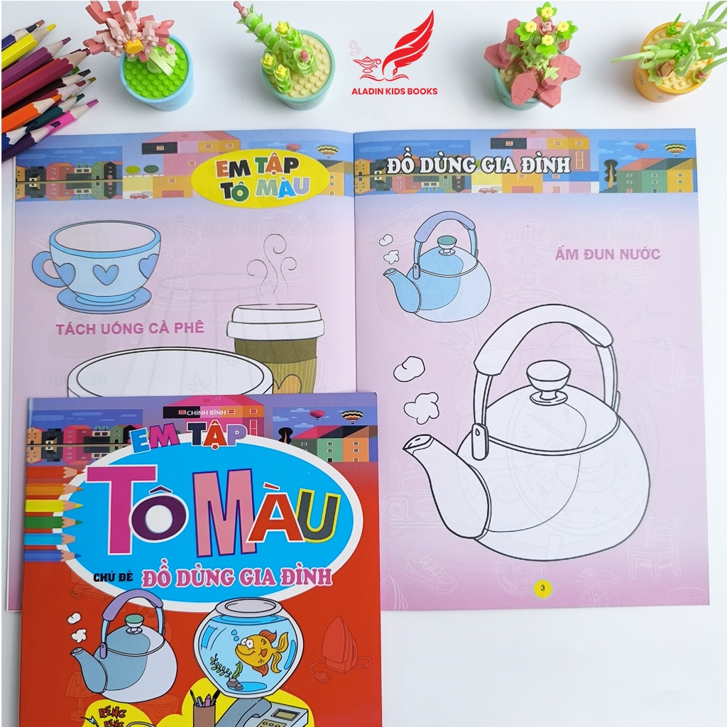 Sách- Bộ 4 Quyển Em Tập Tô Màu Chủ Đề Trái Cây – Rau Củ – Hoa – Đồ Dùng Gia Đình