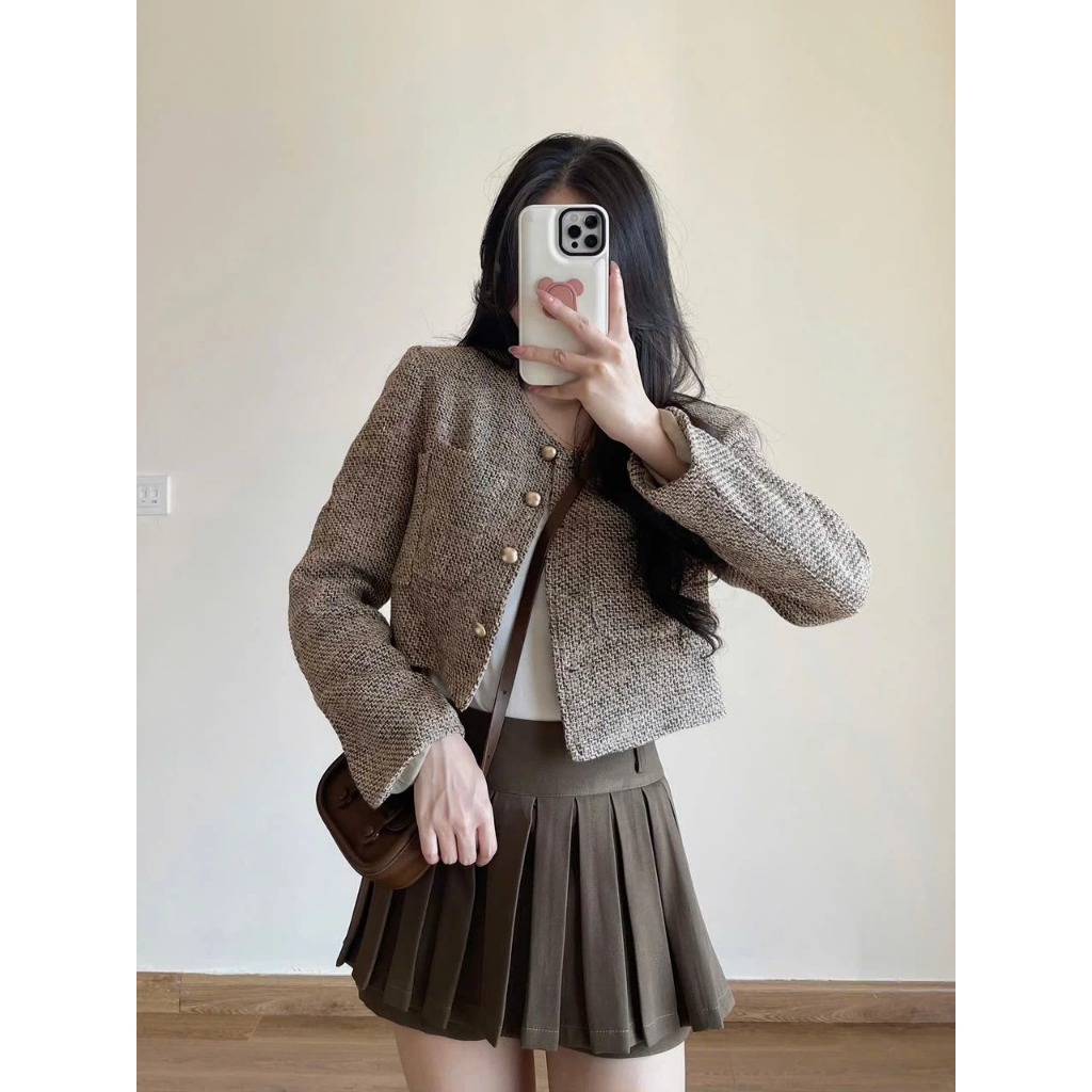 Áo khoác dạ kẻ croptop form tiểu thư Miha Studio