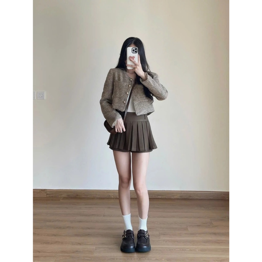 Áo khoác dạ kẻ croptop form tiểu thư Miha Studio