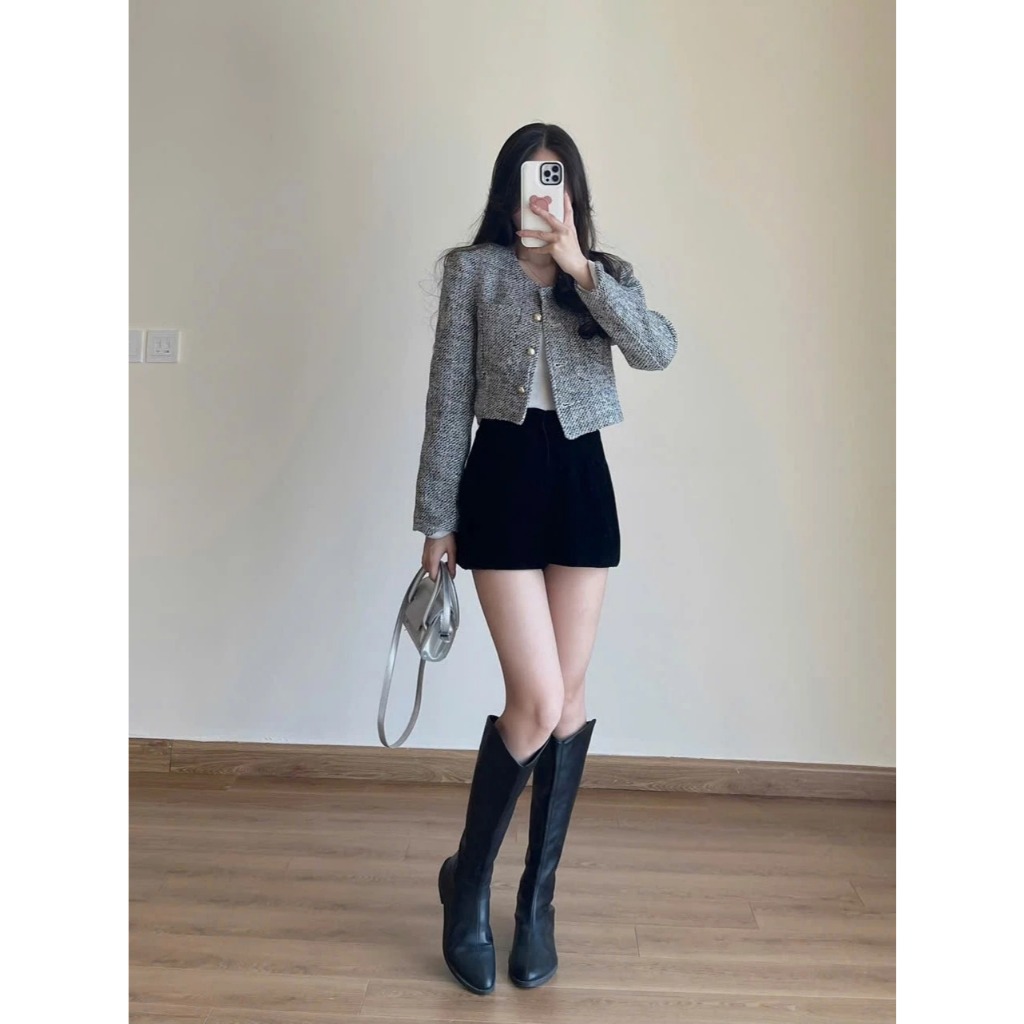 Áo khoác dạ kẻ croptop form tiểu thư Miha Studio