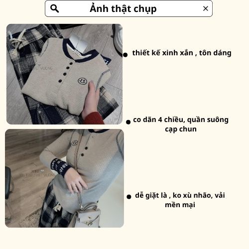 đồ bộ nữ,set đồ nữ mùa đông áo dài tay cổ tròn chất thun tăm cúc ngực mix quần kẻ caro Dona Hcom3717
