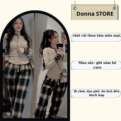 đồ bộ nữ,set đồ nữ mùa đông áo dài tay cổ tròn chất thun tăm cúc ngực mix quần kẻ caro Dona Hcom3717