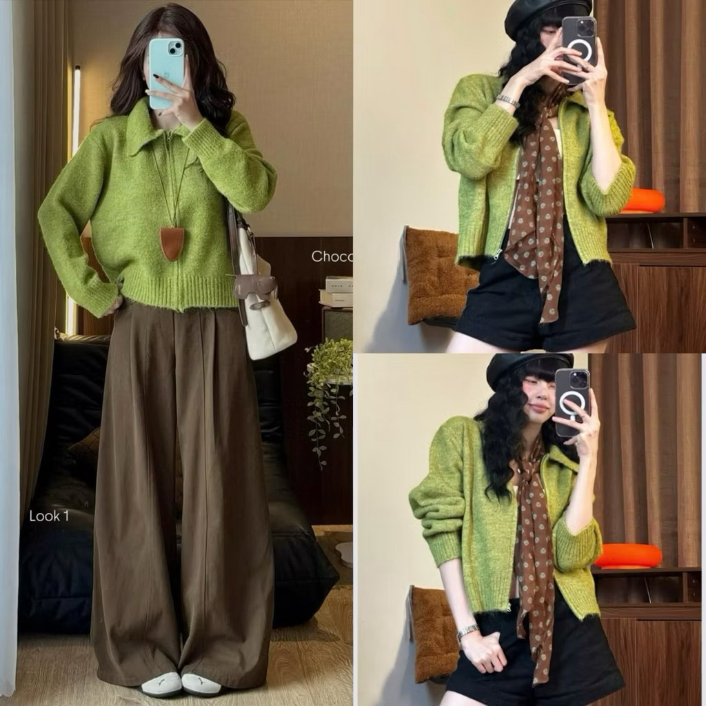 [NEW SẴN /2025]Áo len cardigan cổ bẻ khoá kéo lông xù TAG CỪU màu vintage hàng QC loại 1