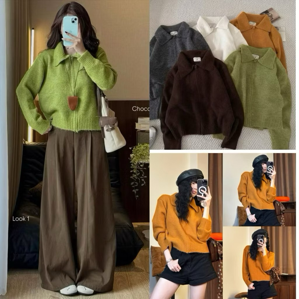[NEW SẴN /2025]Áo len cardigan cổ bẻ khoá kéo lông xù TAG CỪU màu vintage hàng QC loại 1