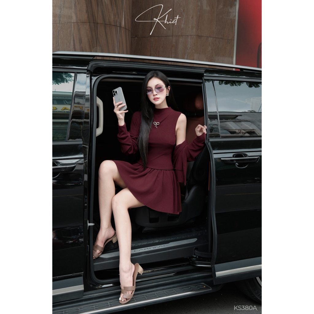 Set 3 món Khiết áo váy xòe thun đỏ đô phối cardigan phong cách daily trẻ trung năng động KS380A