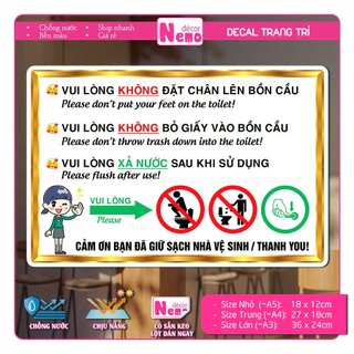 Decal Nội Quy Toilet Nhà Vệ Sinh, Decal Nhắc Nhở Không Bỏ Giấy Vào Bồn Cầu, Không Đặt Chân Lên Bồn Cầu Dán Tường, Kính.