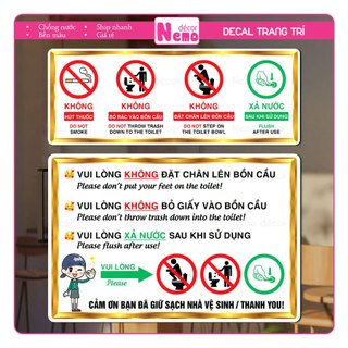 Decal Nội Quy Toilet Nhà Vệ Sinh, Decal Nhắc Nhở Không Bỏ Giấy Vào Bồn Cầu, Không Đặt Chân Lên Bồn Cầu Dán Tường, Kính.