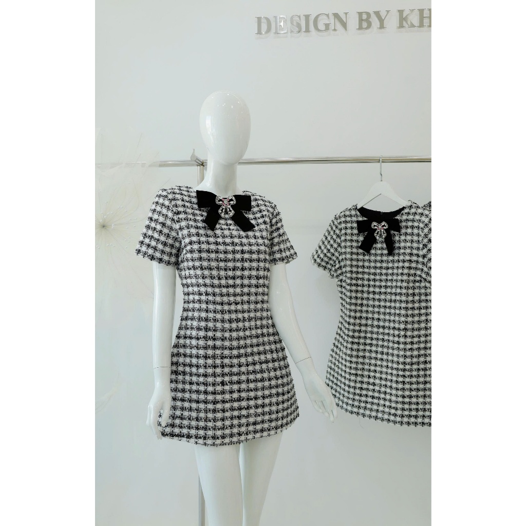 Đầm tweed ánh kim Khiết Form suông phối nơ nhung đen đính đá lấp lánh phong cách tiểu thư sang chảnh KD409