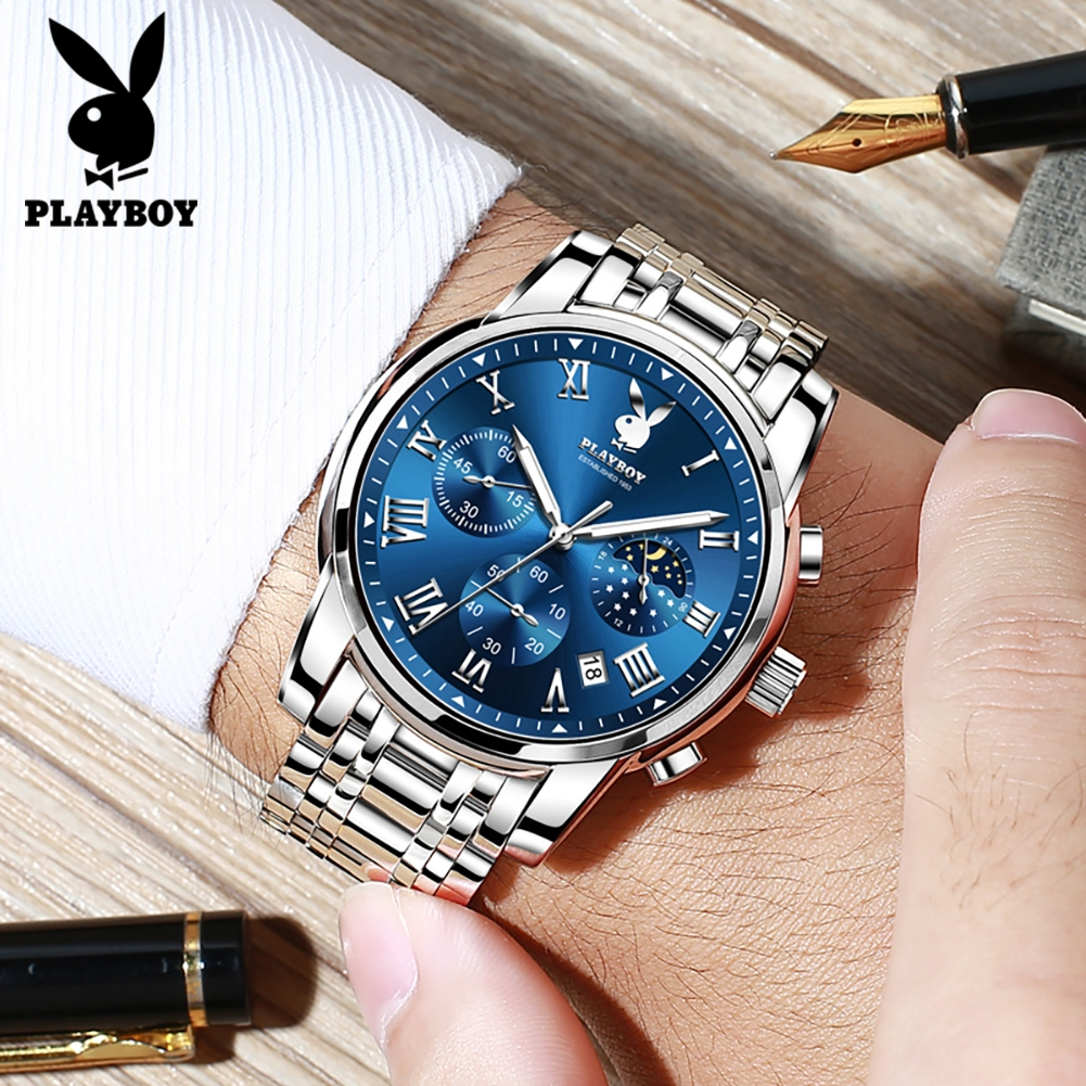 PLAYBOY Đồng hồ Nam Chính hãng dây đeo bằng thép không gỉ Lịch Đa chức năng Quà Chống nước 3026