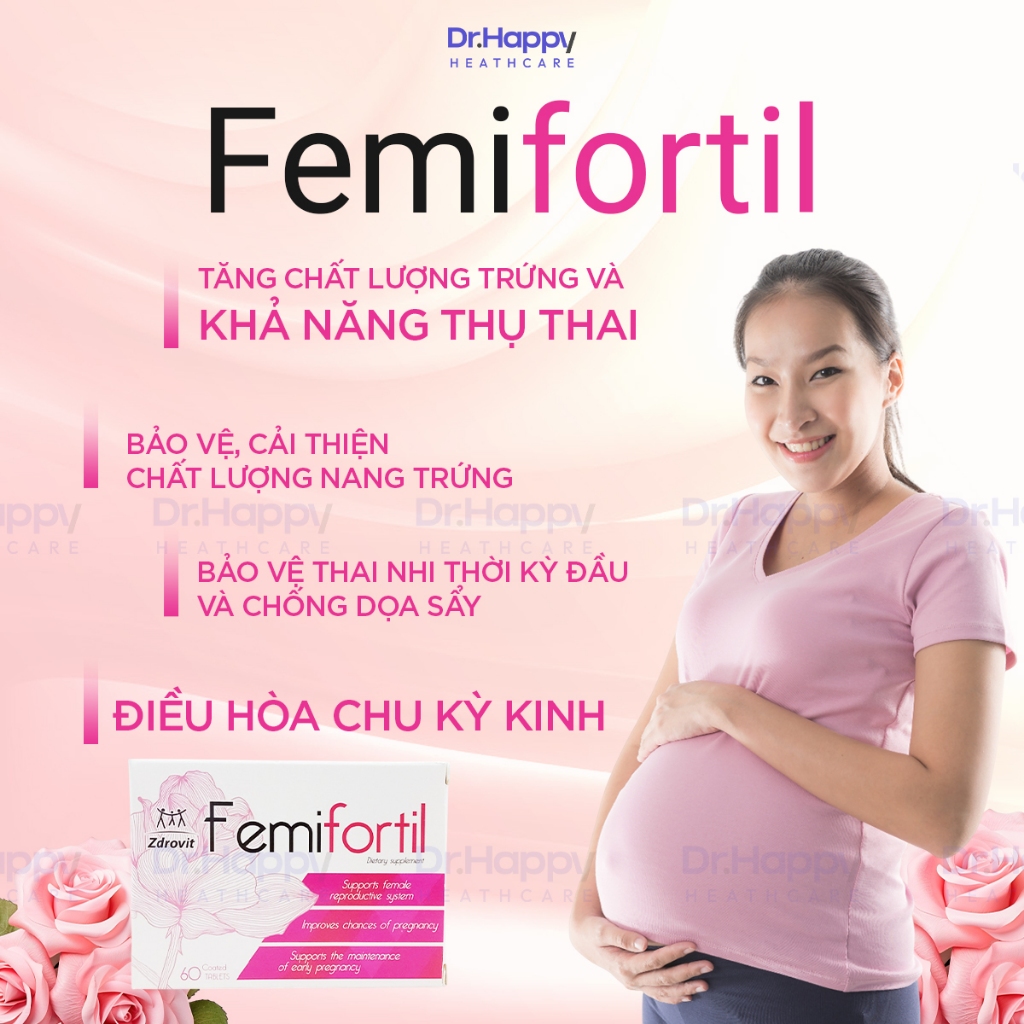 [DATE 2028] Viên Uống FEMIFORTIL Bổ Trứng,Tăng Khả Năng Thụ Thai 60V chứa Axit Folic chuẩn bị thả bầu, hiếm muộn, IVF