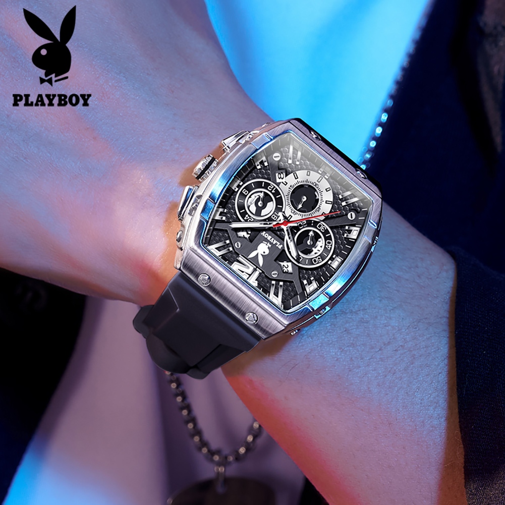 PLAYBOY Đồng hồ Nam thạch anh dây đeo đồng hồ silicon chống nước Độ chính xác lịch Đa chức năng 3075