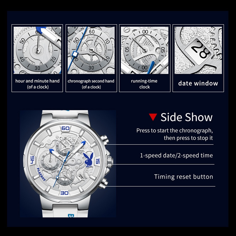 PLAYBOY Đồng hồ Nam thạch anh dây đeo đồng hồ silicon và chức năng chronograph chống nước lịch 3063
