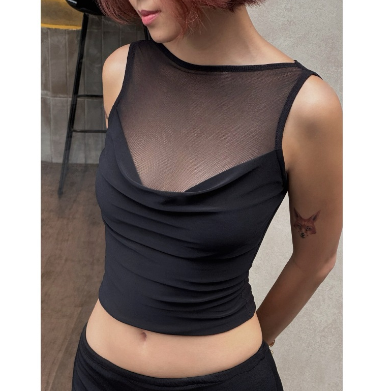 Áo ba lỗ vải mesh lưới kết hợp thun lụa Hàn form ôm chiết eo cổ đổ | 𝐛𝐚𝐧𝐚𝐧𝐚𝐛𝐮