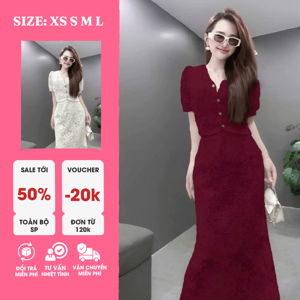 Sét Đầm Ren Tay Lỡ Cổ Tim Nút Ngọc – Thiết Kế Sang Trọng, Tôn Dáng, Ren Cao Cấp