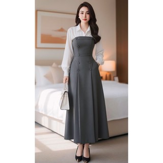 VT24201 - Váy Nữ Công Sở Dáng Dài Phối Sơ Mi Trắng, Váy 2 Lớp Thanh Lịch Cao Cấp