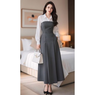 VT24201 - Váy Nữ Công Sở Dáng Dài Phối Sơ Mi Trắng, Váy 2 Lớp Thanh Lịch Cao Cấp