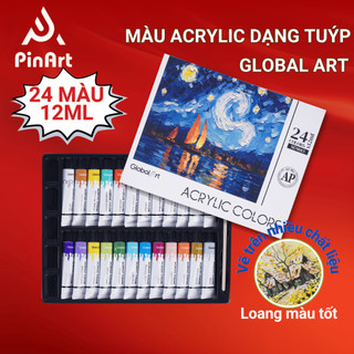 Màu Nước Acrylic GLOBAL ART 24 Màu  Cao Cấp - Màu Acrylic Chống Thấm Nước Bền Màu Vẽ Trên Mọi Chất Liệu
