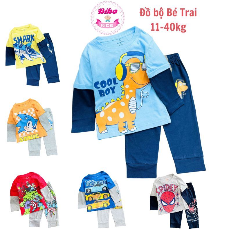 [11-42kg]Quần Áo Dài Tay Bé Trai size đại chất thun cotton mền mịn in HOẠT HÌNH. Bộ quần dài, quần áo trẻ em thu đông