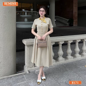 Đầm thiết kế BEMINE cổ trụ phối viền nơ đính cúc dáng chữ A phù hợp đi làm-B171