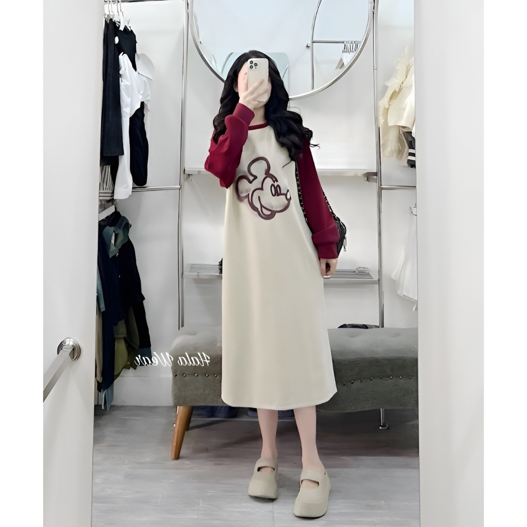 Váy thun dài tay dáng rộng dài suông phối màu họa tiết chuột Mickey Đầm tay bo không cổ bigsize bầu chubby T1381G