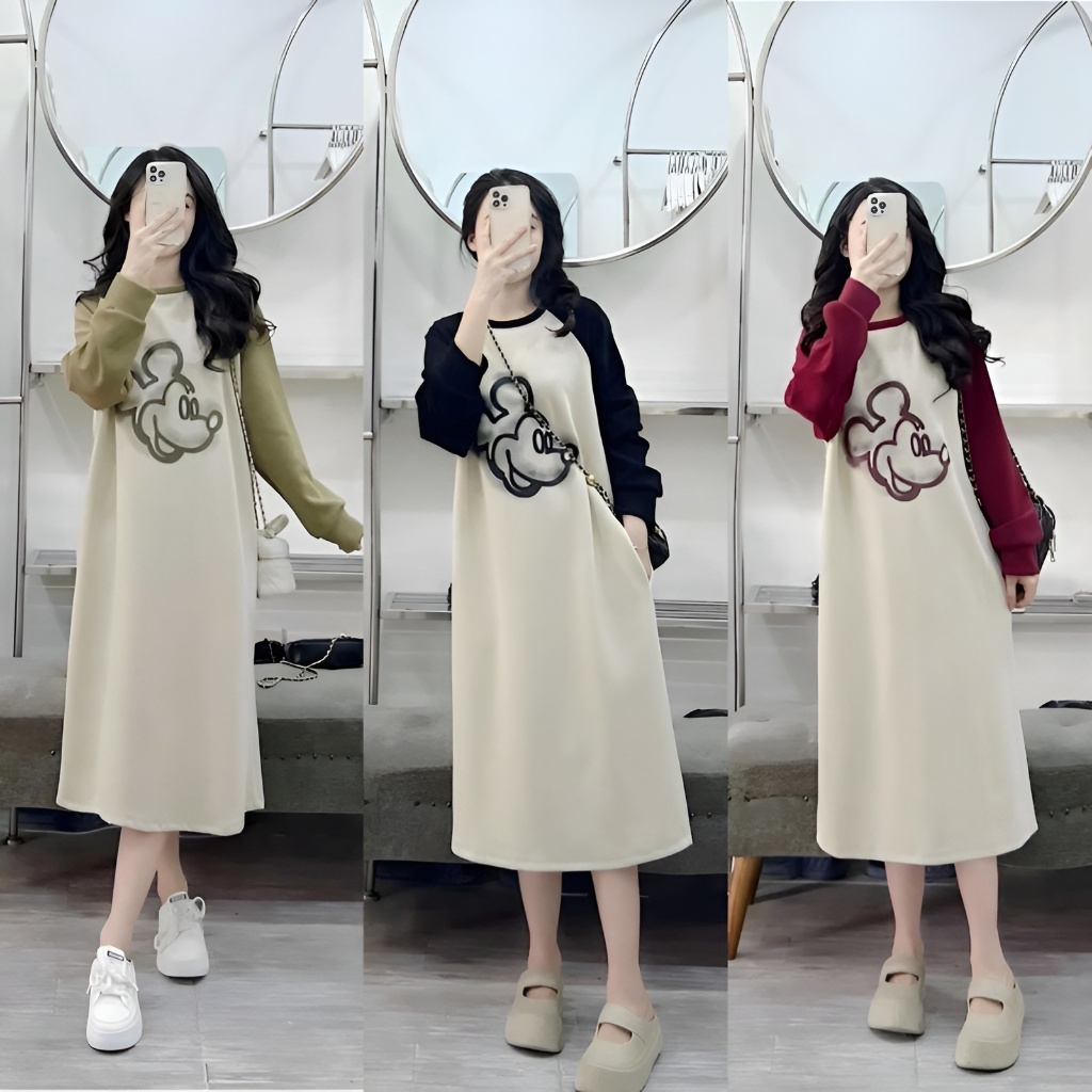 Váy thun dài tay dáng rộng dài suông phối màu họa tiết chuột Mickey Đầm tay bo không cổ bigsize bầu chubby T1381G